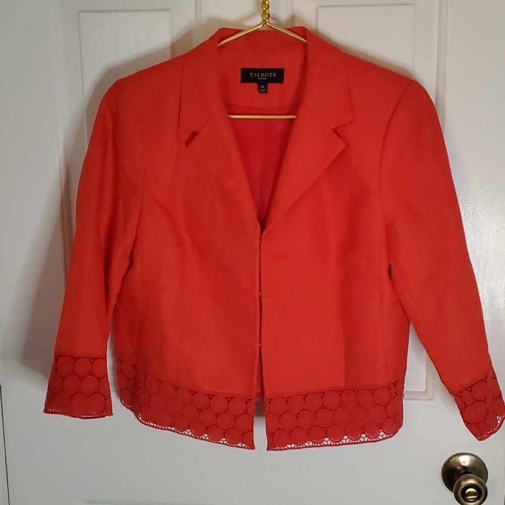 Talbots Womens Crop Cotton/Linen Jacket with Hook Close & Lace
